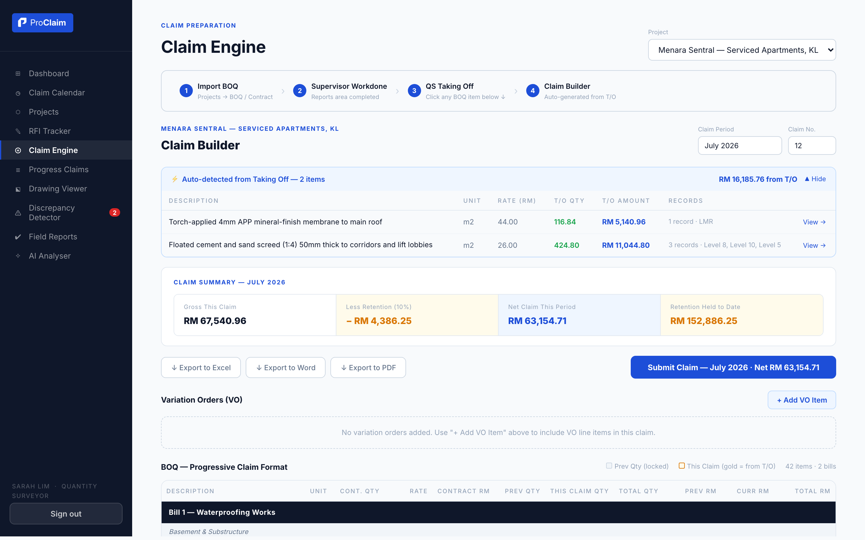 ProClaim Claim Builder with quantities auto-detected from taking-off, claim summary with retention, and export to Excel, Word and PDF